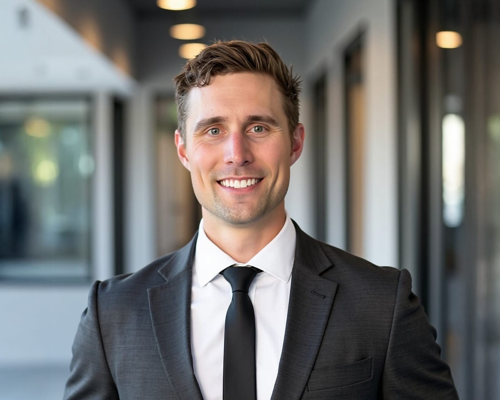 Brian Steck, Director, stands indoors in a modern office hallway wearing a dark suit and black tie, smiling at the camera.