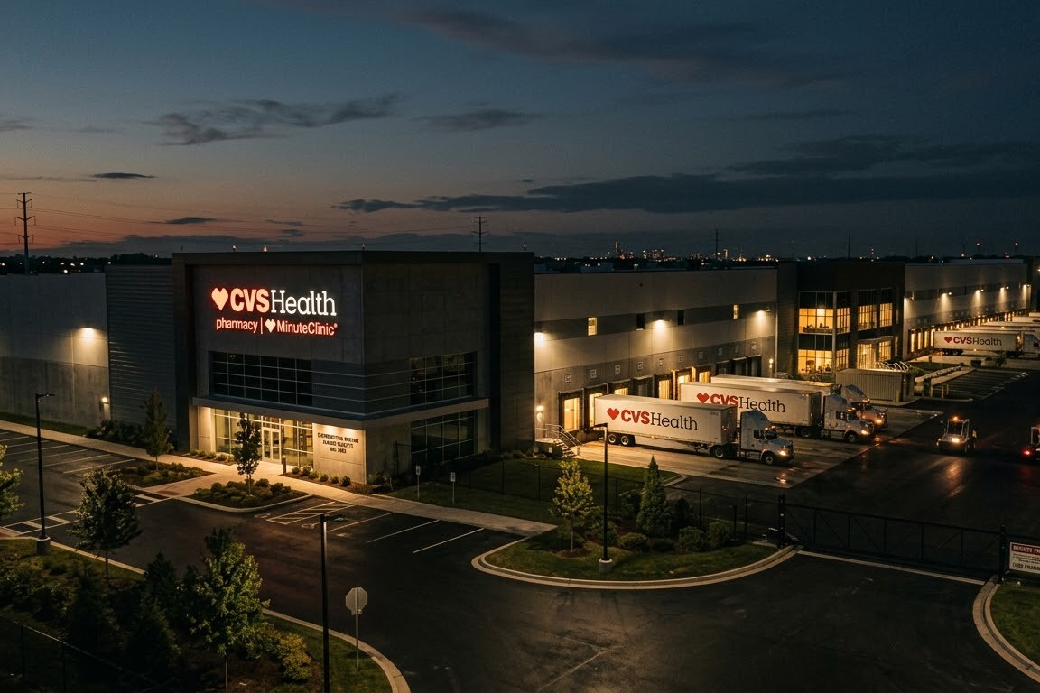 CVS Health distribution center at dusk with delivery trucks parked near loading docks, building exterior lights on, and an empty parking lot in front—part of the recently sold 18 property CVS portfolio.