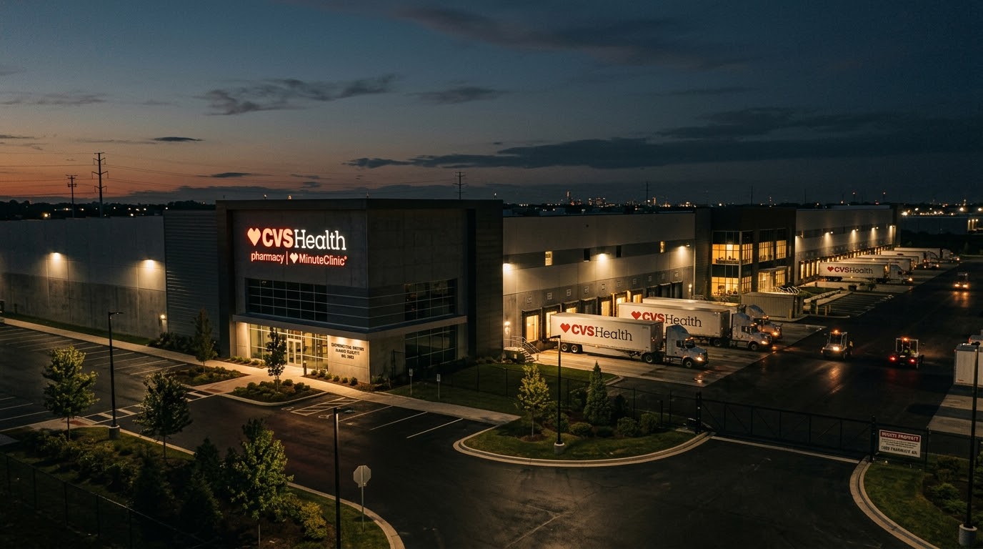 CVS Health distribution center at dusk with delivery trucks parked near loading docks, building exterior lights on, and an empty parking lot in front—part of the recently sold 18 property CVS portfolio.